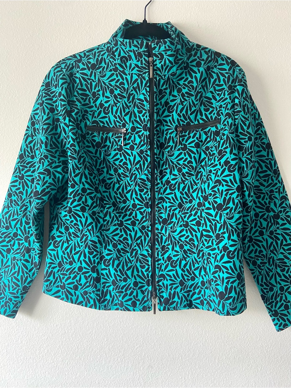 NABI Teal Black Floral Zip Front Cotton Jacket Size L